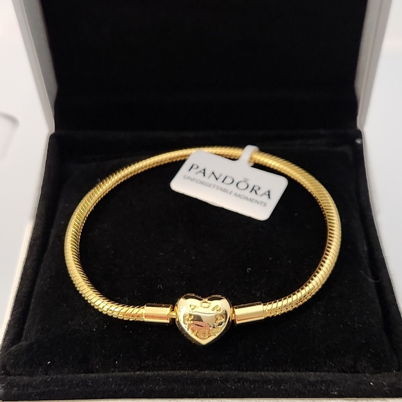 Pandora Moments 14k Golden Plated Heart Claps Snake Chain Bracelet Size 7.1 in - Picture 5 of 5